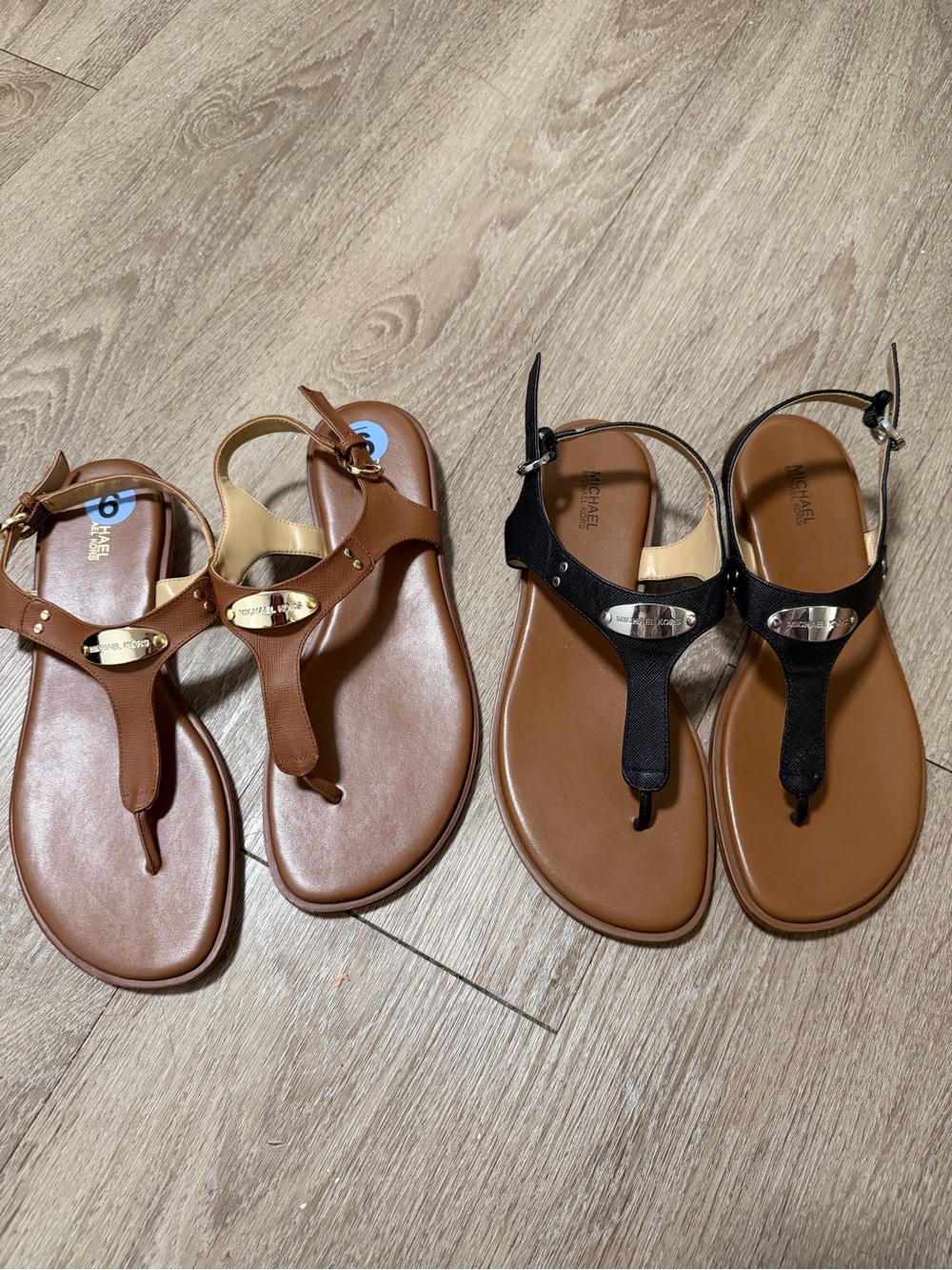 Michael Kors Brown and Black T-Strap Leather Sandals with Gold Accent